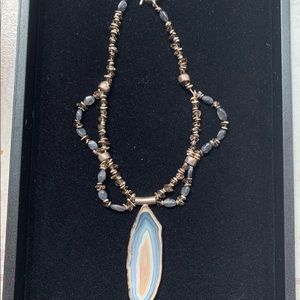 Handmade Natural Agate Slice Gemstone Sterling 925 Statement Necklace